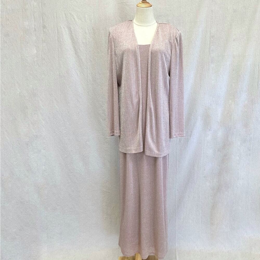 Alex Evenings formal metallic maxi sheath slinky dress & open jacket set size 12